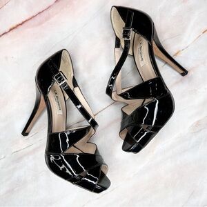 L.K. Bennett Sandy Black Patent Leather Strappy Heels 37 6